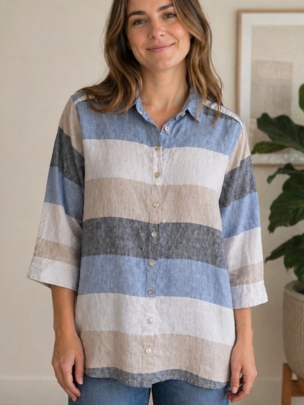 Habitat 100% Linen Striped Button-Down Shirt Womens Size Large Coastal Relaxed